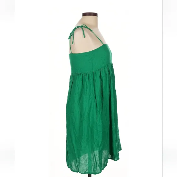 Linen & Life Green Linen Babydoll Mini Dress Size 10 Bow Straps Tropical Luxury - Picture 7 of 9